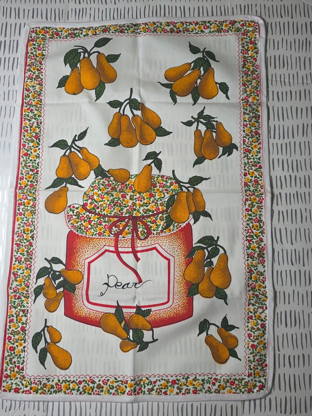 Vintage Kitchen Tea Towel Pear Jam Jar Floral 1970s Cotton